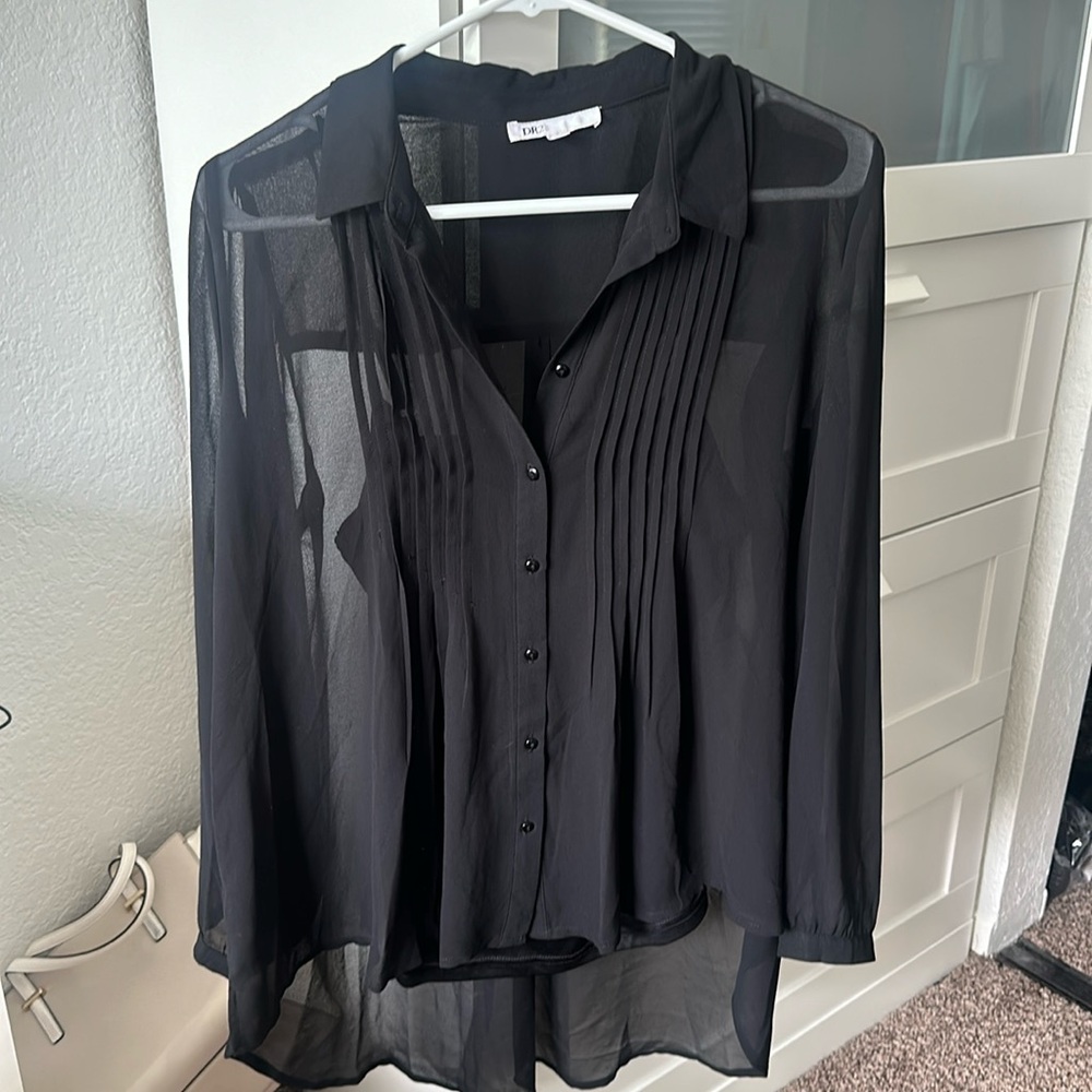 Black Mesh Button-up Blouse